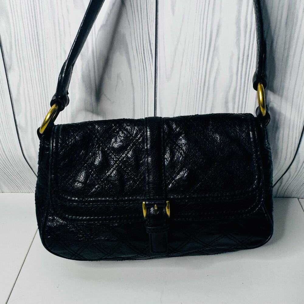 Antonio Melani Black Gold Quilted Leather Purse Handbag Shoulder Bag Y2K